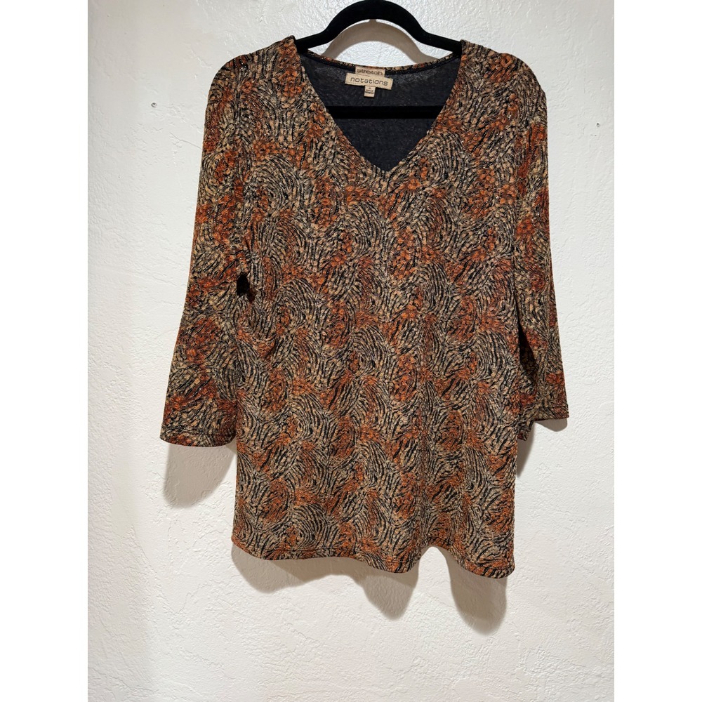 Notations Womens XL V-Neck 3/4 Sleeve Stretch Top Brown Gold Abstract MFKU0036